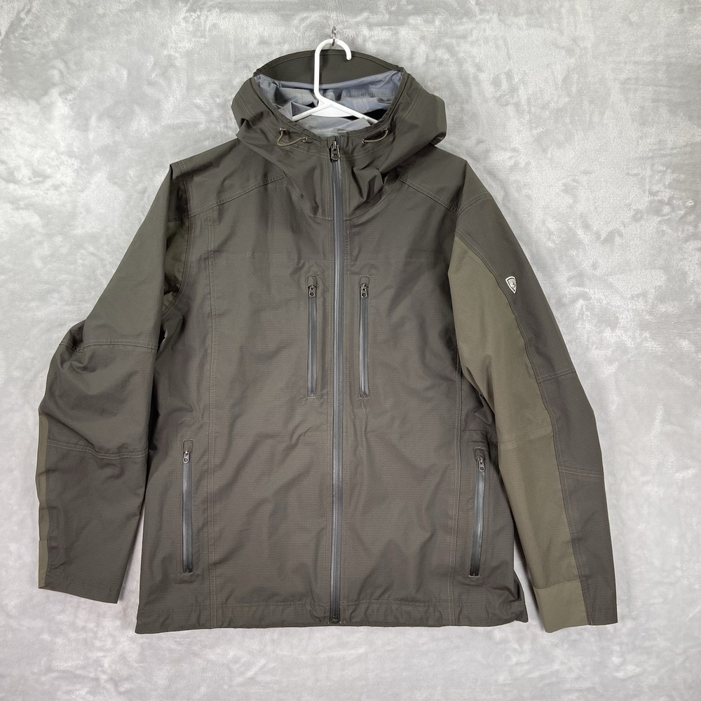 KUHL Rain Jacket Mens Medium Projekt Jet Stream Full Zip Hooded Waterproof Brown